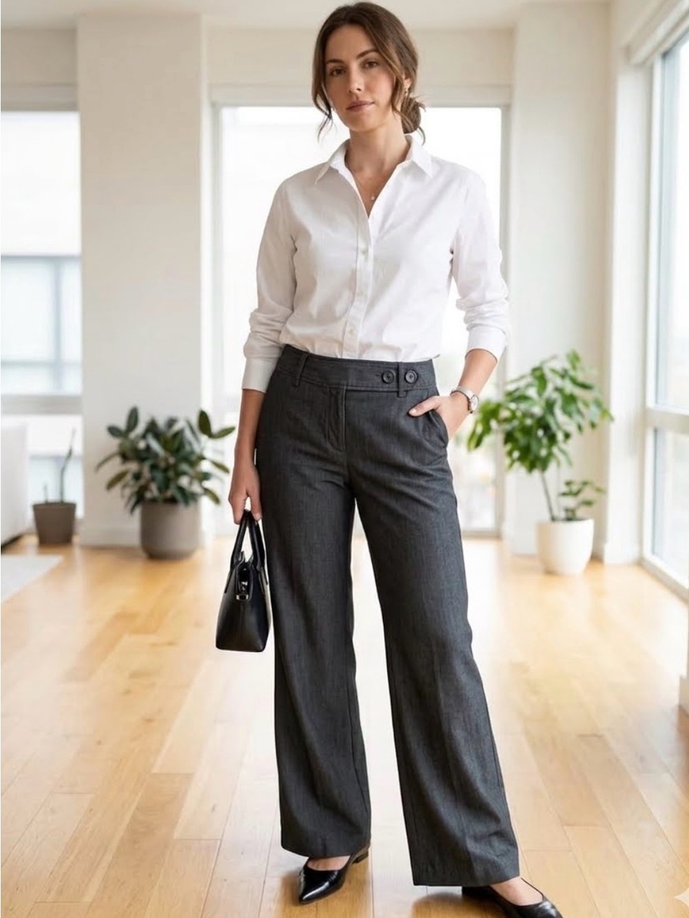 LOFT Dark gray/slate Wide Leg Pants with Button Waist Tabs